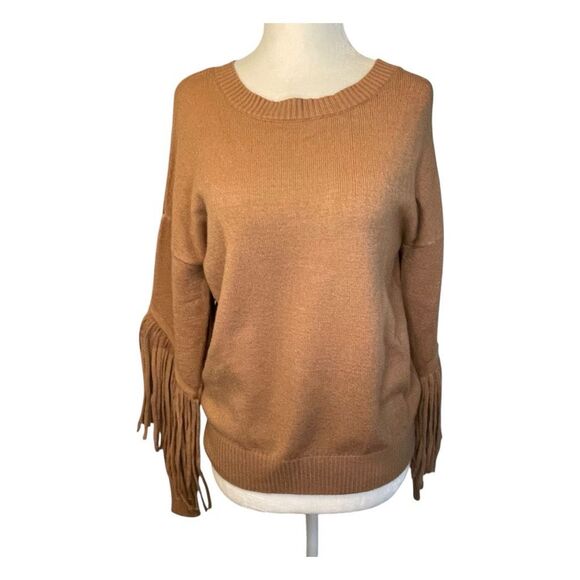 Chelsea & Theodore Fringe Crewneck Sweater Brown Knit Crewneck Long Sleeve S - Picture 1 of 8